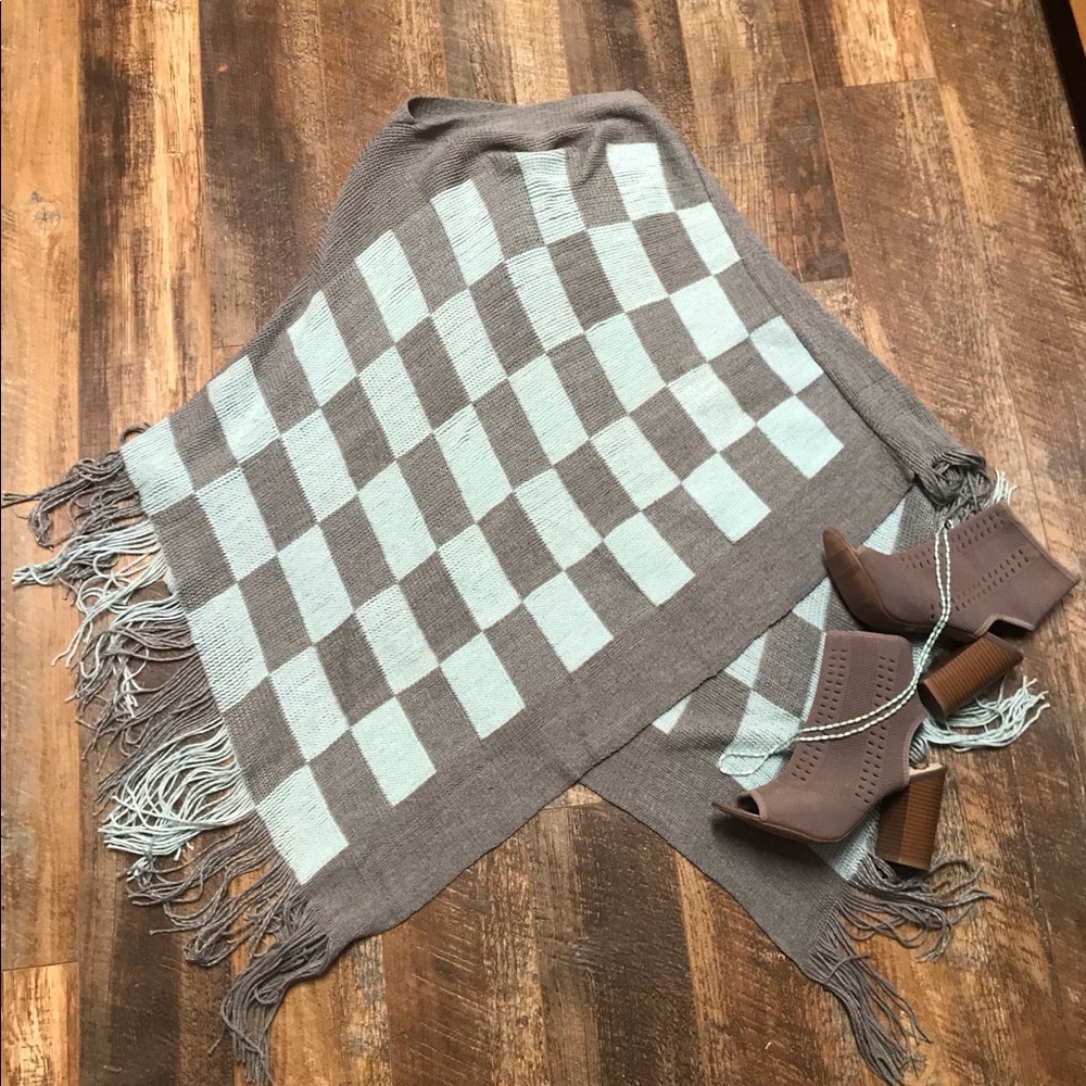 Mint and grey fringed poncho
